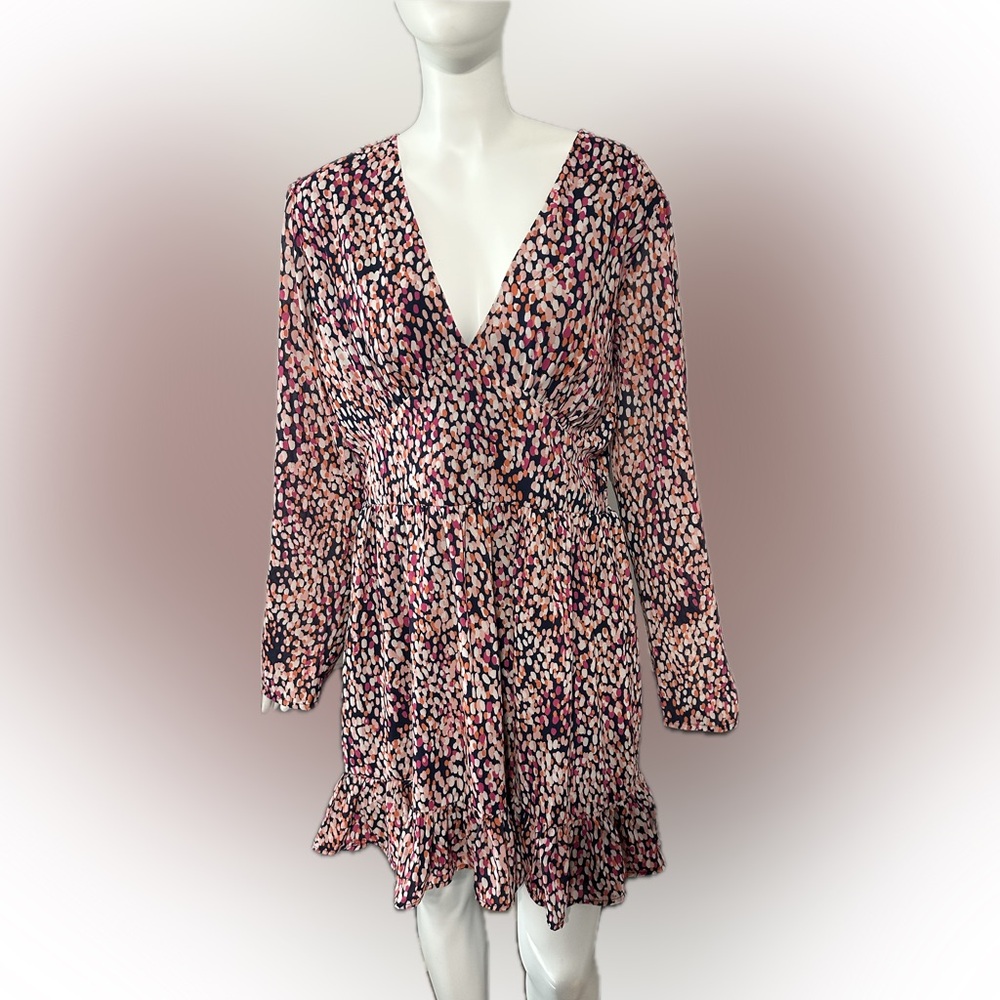 Koko‎ + Mason Ruffled Dress Chiffon V Neck Scattered Blurred Dots Long Sleeve XL